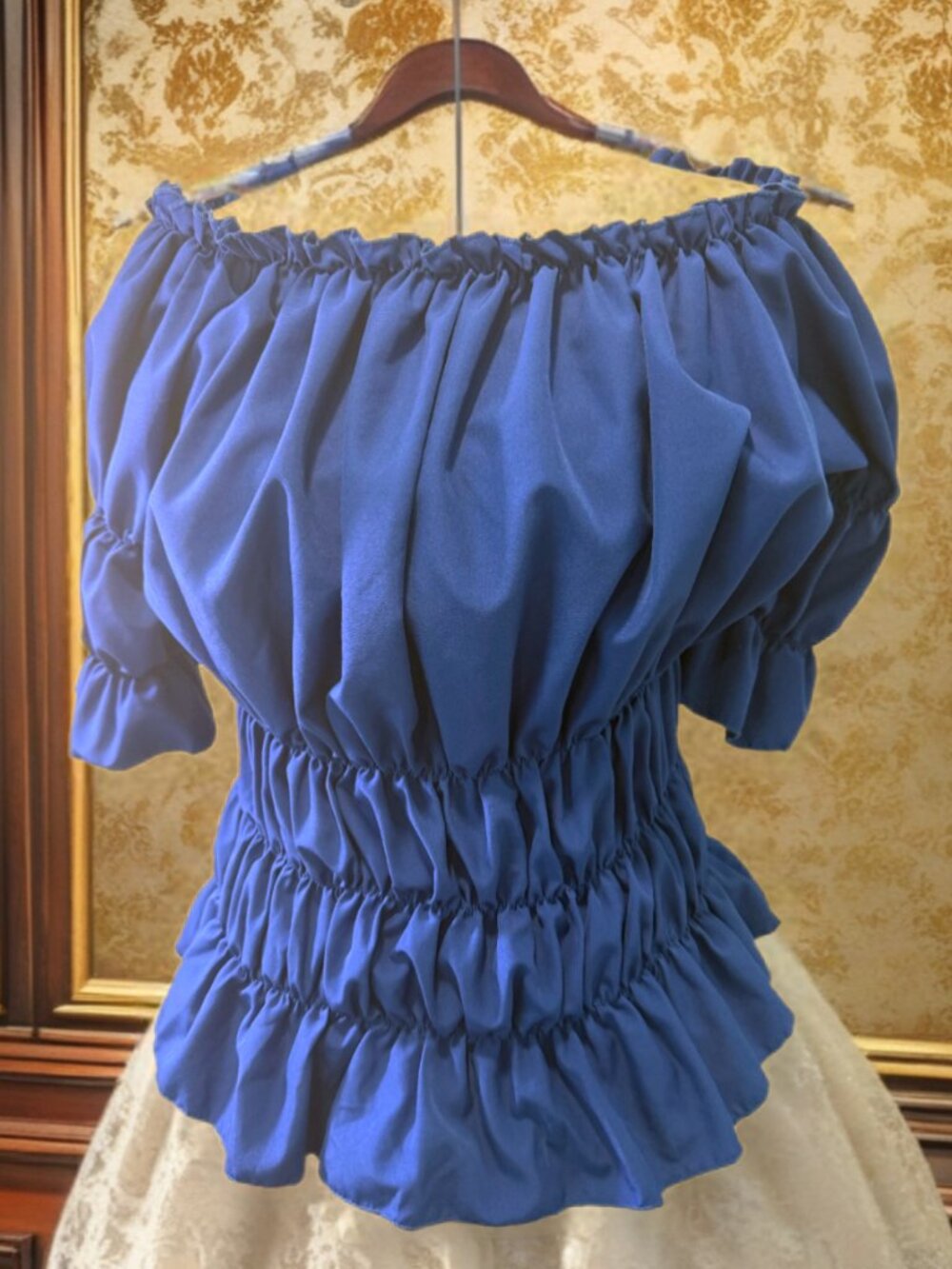 Blue ruffled victorian peasant top